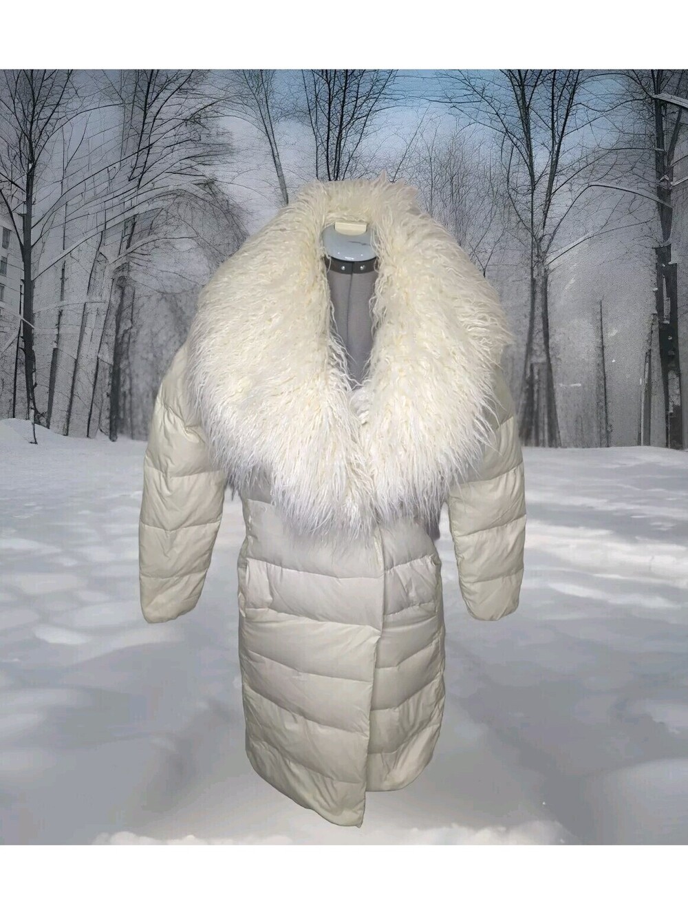 $350 Ralph Lauren White Down Puffer Jacket Long Mongolian Fur Womens XS X-Small